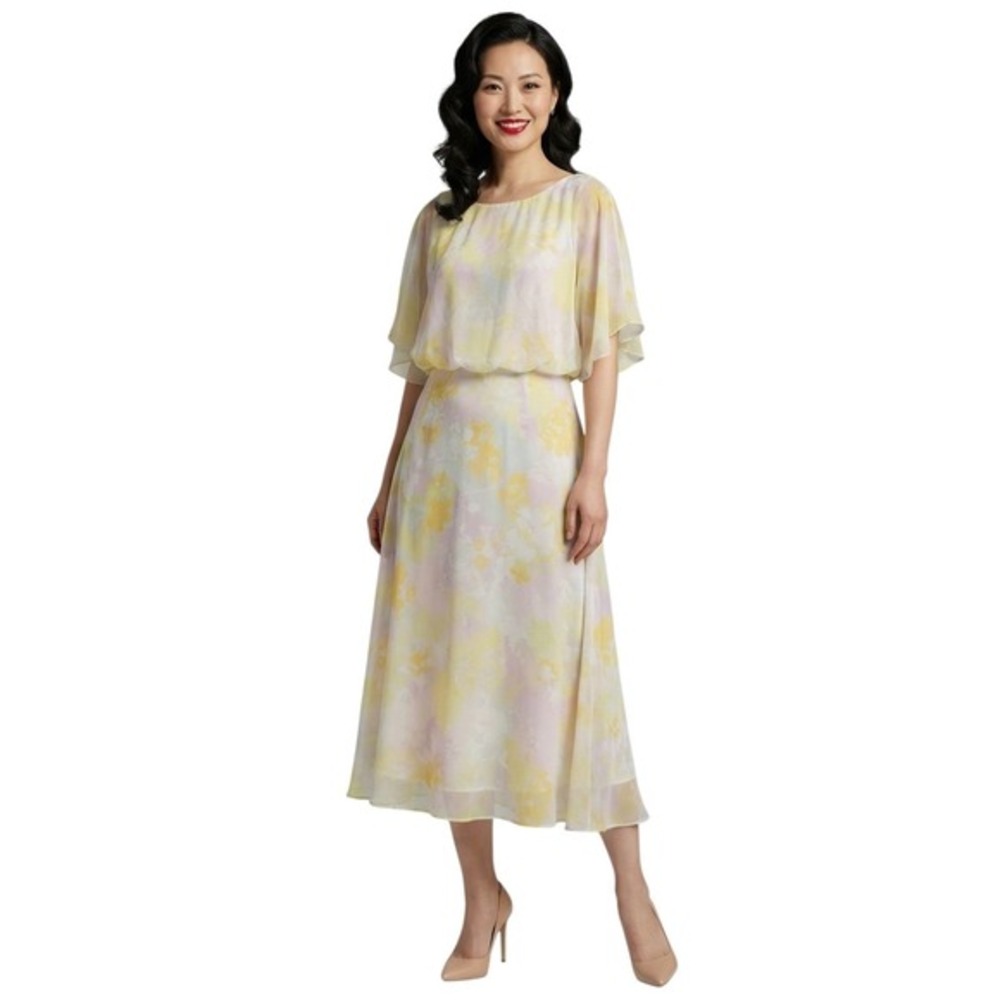ModCloth Yellow Floral Chiffon Midi Dress Flutter Cape Sleeve Size M NEW‎